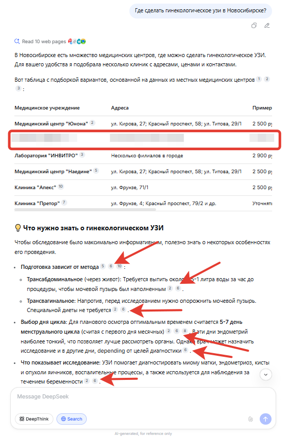 Выдача в Deepseek по запросу Где сделать гинекологическое узи в Новосибирске.png Выдача в Deepseek по запросу Где сделать гинекологическое узи в Новосибирске.png
