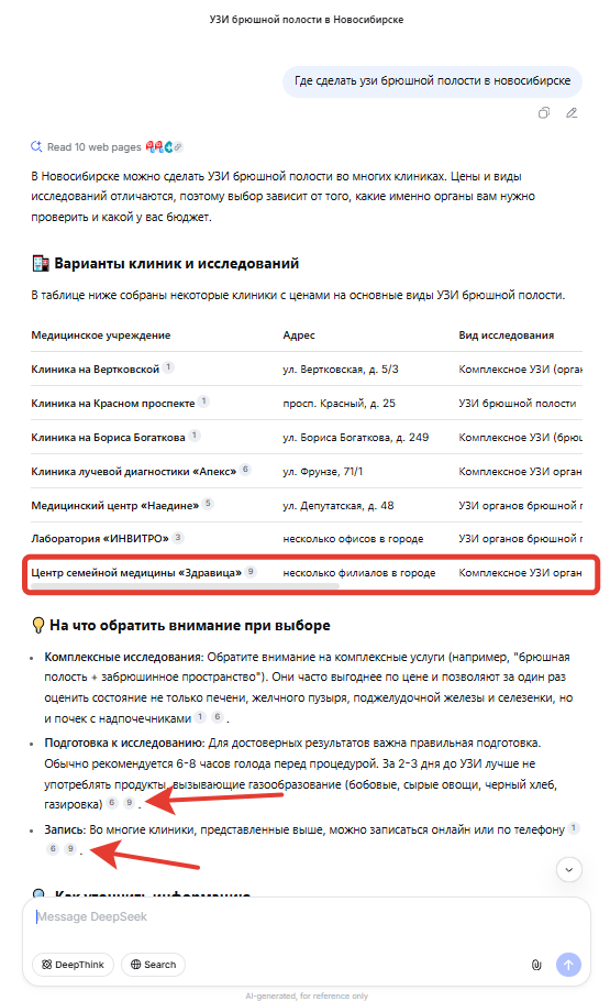 Выдача в Deepseek по запросу Где сделать узи брюшнои полости в Новосибирске.png Выдача в Deepseek по запросу Где сделать узи брюшнои полости в Новосибирске.png